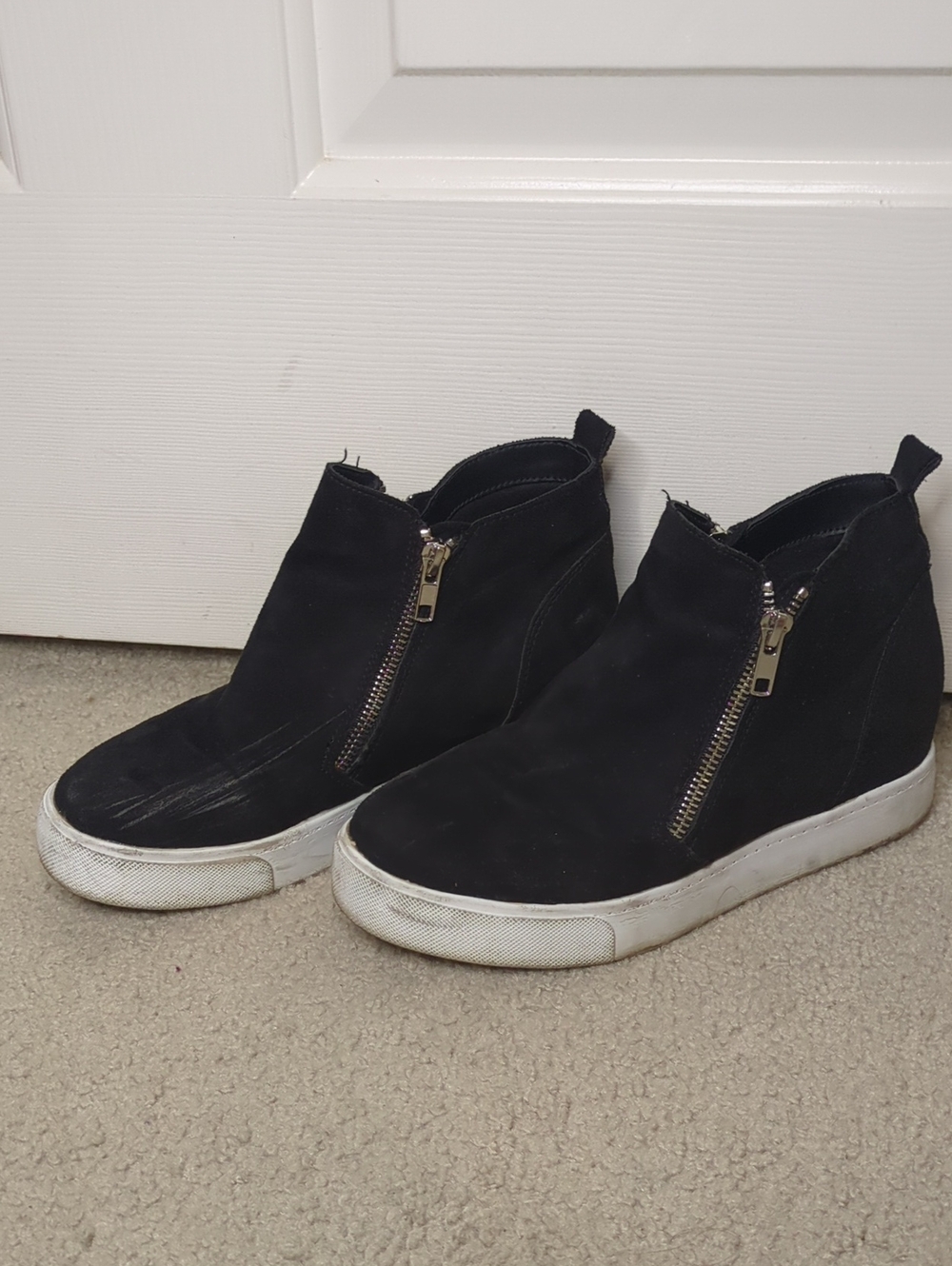 Women's Black Suede Zip-Front Wedge Sneakers
